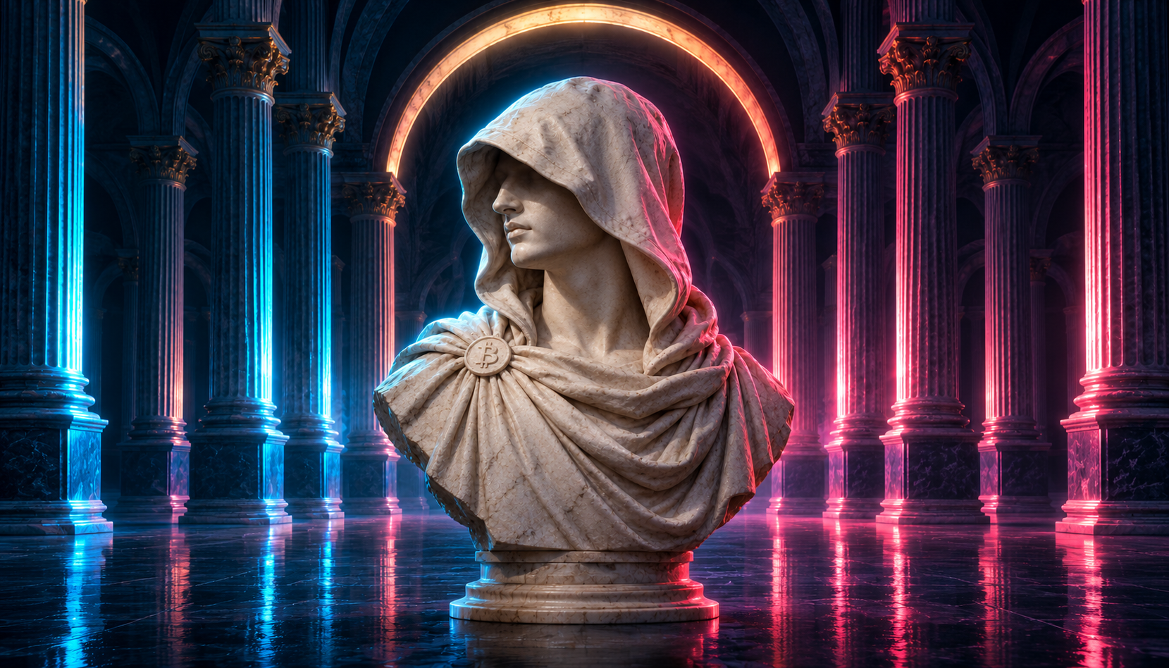 An imagined Satoshi sculpted in marble, framed by classical columns and neon light.